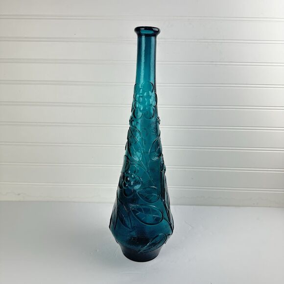 VTG Italy Empoli Genie Bottle Decanter Teal Blue Floral Butterfly NO STOPPER - Picture 1 of 9